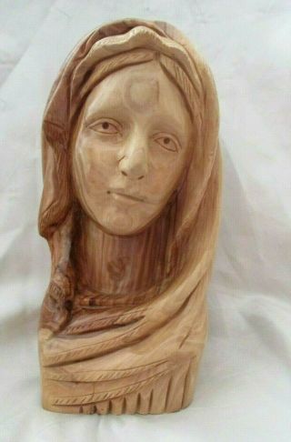 Hand Carved Olive Wood Virgin Mother Mary Bust Statue 7 " Unsigned