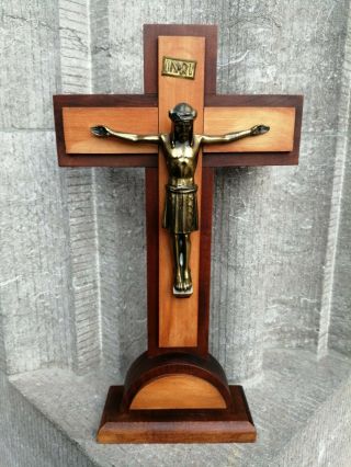 Art Deco Pedestal Home Altar Standing Wood Cross Crucifix Metal Jesus Corpus