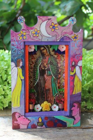 Our Lady Of Guadalupe Wood Shadow Box Retablo Handmade & Painted Mexico Folk Art