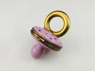 Baby Ring Pink Pacifier Peint Main Limoges France Porcelain Trinket Box