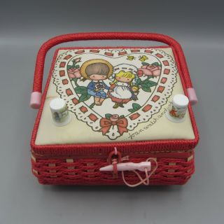 Vintage Joan Walsh Anglund Red Wicker Sewing Basket Boy Girl Porcelain Thimbles