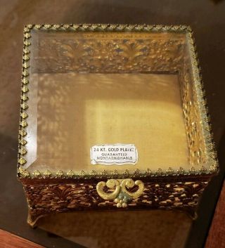 Vintage 24 Kt Gold Plated Trinket/jewelry Box W/ Beveled Glass (4x3 In)