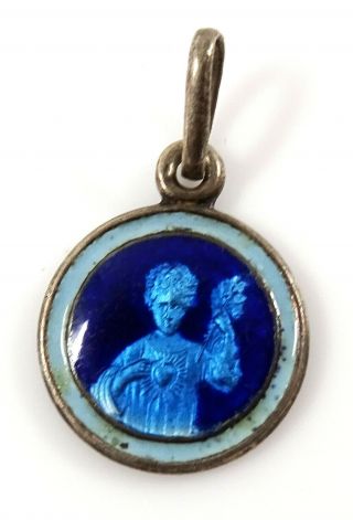 Young Jesus Sacred Heart Vintage Silver Medal Blue Enamel Pendant Charm