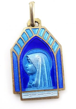 Notre Dame Lourdes Vintage Silver Medal Blue Enamel Pendant Charm Art Deco