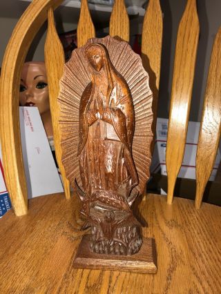 Vintage Hand Carved Wood Our Lady Of Guadalupe Statue 10 7/8”