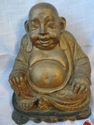 Sculptor A Santini Italy 7.  5 " Seated Smiling Buddha,  Gold On Red Resin 4 Pounds