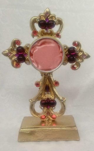 Ornate Gold Filigree Cast Iron Cross Reliquary - Pink & Purple - Advent -
