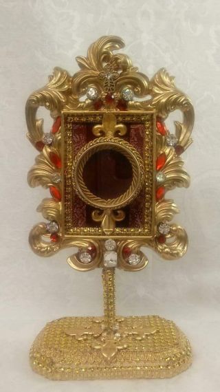 Mixed Material Baroque Style Reliquary - Gold - Red Gems - Burgundy Velvet Lined -