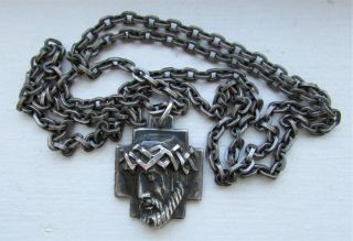 Vintage Creed Sterling Silver Jesus Face Cross Box Link Chain Necklace 38g