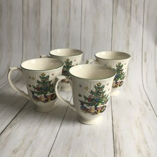 Happy Holidays Nikko Christmas Ivory Tall Ceramic Footed Coffee Mugs Set Of 4