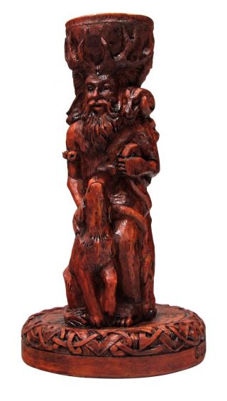 Horned God & Greenman Candle Holder - Wood Finish - Dryad Design Wiccan Pagan