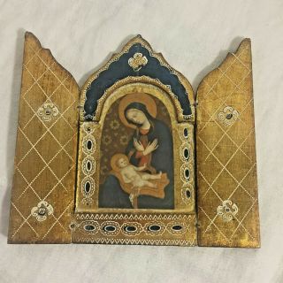 Vintage Florentine Triptych Madonna & Child Religious Icon Italy Gold Gilt Wood