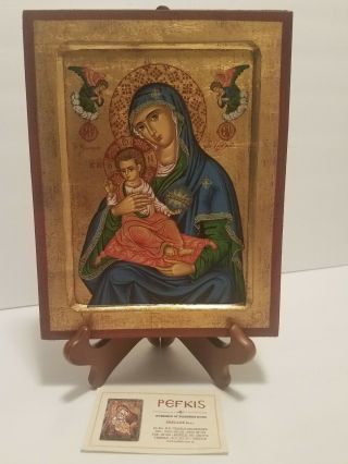 Virgin Mary Father Pefkis Halograph Art Byzantine Gold Sheets Aged Wood W/ Stand