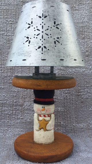 Eddie Walker Midwest Of Cannon Falls Snowman Spool Candle Holder W Shade 10.  5”