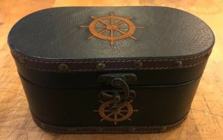 Wood Trinket Box Black Leather Wrapped Brass Hardware Nautical Motif