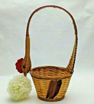 Vintage Wicker Woven Basket Hen Long Curve Neck Handle Wood Comb Beak 13.  5 "