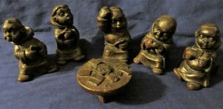 Set Of Five Wax Monk Figurines Playing Cards Around Table