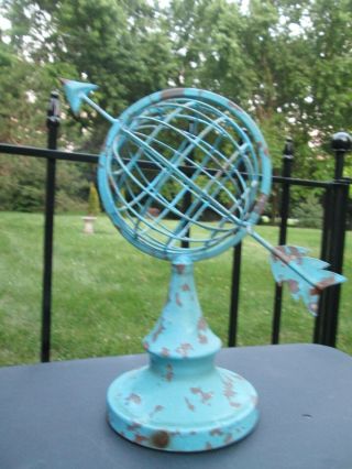 Vintage Armillary Metal Sphere With Arrow Celestial Globe Rusty Sky Blue Paint