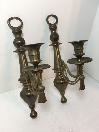 Vintage Solid Brass Wall Sconce Candle Holder Twisted Rope & Tassel 12.  25”