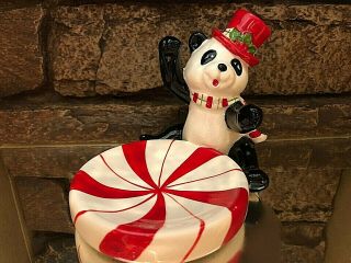 Vintage Fitz And Floyd Christmas Panda Bear Peppermint Trinket / Tray / Holder
