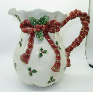 Vintage 1990 Fitz And Floyd Old World Santa Bag Christmas 2 Qt Pitcher Holly Red