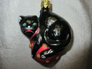 Vintage Glass Black Cat On Red Ball Hanging Christmas Ornament -