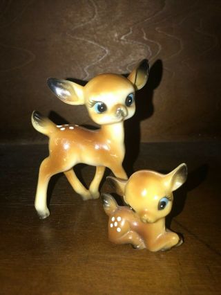 Vintage Hard Plastic Big Eyes Ears Speckled Deer And Fawn