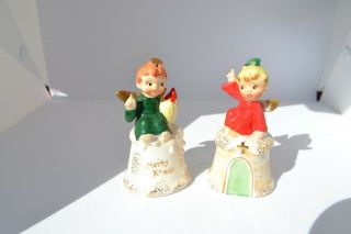 Pair Vintage Napco Christmas Angels Ceramic Bell Figurines Stickers
