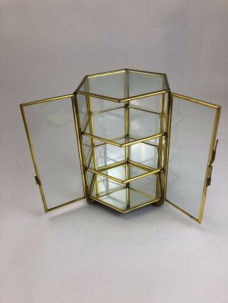Vintage Hexagon Brass & Glass 3 Shelf 2 Door Hinged Mirror Box Trinket Display