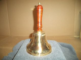 Vintage Brass Hand Bell W/ Wooden Handle,  Large,  Ring Brass Art Wares