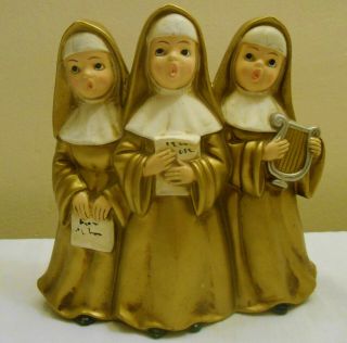 Vintage Singing Nuns Golden Figurine Music Box Christmas Decor Choir Chalkware ?