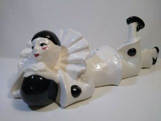 Art Deco Pierrot Clown Black & White Ceramic Figurine Laying Down 12 " Long