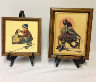 (2) Norman Rockwell Dog Couple With Dog Wood Framed Ceramic Tiles