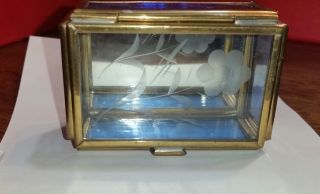 Vintage Etched Glass And Brass Trinket / Jewelry Box With Hinged Lid