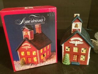 1991 Americana Santas Best Porcelain Red School House Lighted Christmas Village