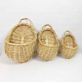 Set Of 3 Vintage Woven Wicker Flower Baskets Wall Hanging Nesting