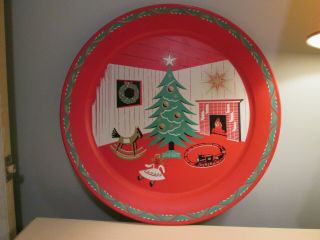 Vintage Large Round Serving Tray Metal Mid Century Christmas Scene 19 "