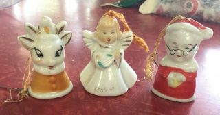 Vintage 50s Mid Century 3 Porcelain 2in Hanging Bells Christmas Angel Deer Japan