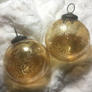 2 Large Kugel Style Etched Glass Clear Amber Snowflakes Christmas Ornament Set