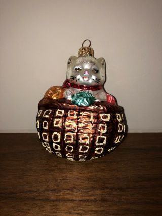 White Cat In Basket Yarn Glass Christopher Radko Christmas Ornament