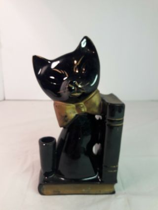 Vintage Mid Century Black Cat Book End With Pen Holder Gold Accents