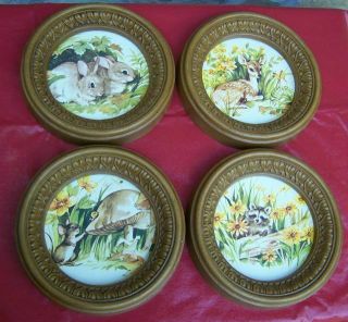 Vintage Set Of 4 Baby Animals In The Woods Round Pics Homco? Deer Racoon,  Rabbit