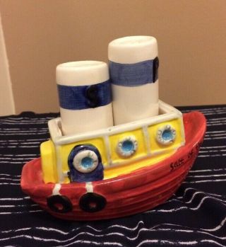 Elements Ceramic Salt & Pepper Shakers In Tug Boat Set Nautical Sea Vintage Rare
