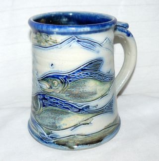 No Brand 16 Oz Hand Made Crafted Pottery Ceramic Signed 2 Swimming Fish Mug Cup