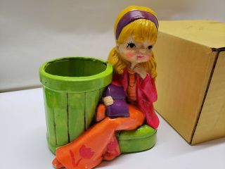 Vtg 1970 Holiday Fair Chalkware Hippie Girl Pencil Holder Sharpener Japan W/ Box