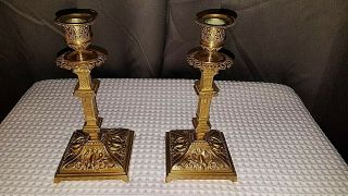 Pair Vintage Solid Brass Footed Candlestick Holders 8 " Tall