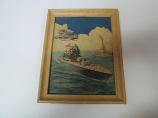 Vintage 1941 3d Framed Picture Statue Of Liberty Naval Ship Airplanes Slaughter