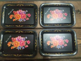 Vintage Set Of 4 Metal Serving Trays Black With Floral Pattern 50s Black Lake Ny