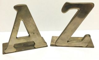 Vintage Mid Century Modern Solid Brass Bookends Alphabet A & Z Letters Pair Set
