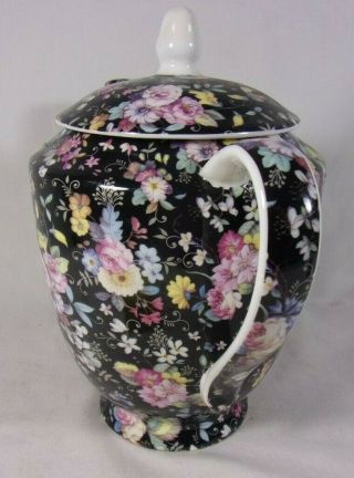 Vintage Stechcol Gracie bone China Black Floral Teapot Lid 4 cups capacity 32oz 2